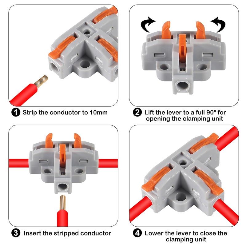 Meimom 10Pcs Compact Wire Conductor Connector, T-Shape Lever Nut Wire Connector, Quick Splitter 3 Way Electrical Connectors, AWG 28-12 - Image 3